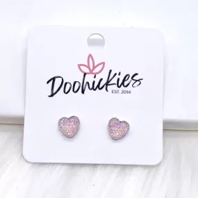 8mm Sparkle Heart Stud Earrings - Light Pink