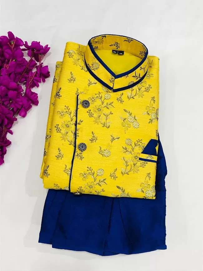 Appealing Yellow Color Kids Party Wear Sherwani and Pajama Pant