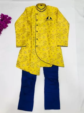 Appealing Yellow Color Kids Party Wear Sherwani and Pajama Pant