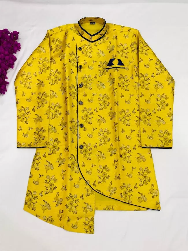 Appealing Yellow Color Kids Party Wear Sherwani and Pajama Pant