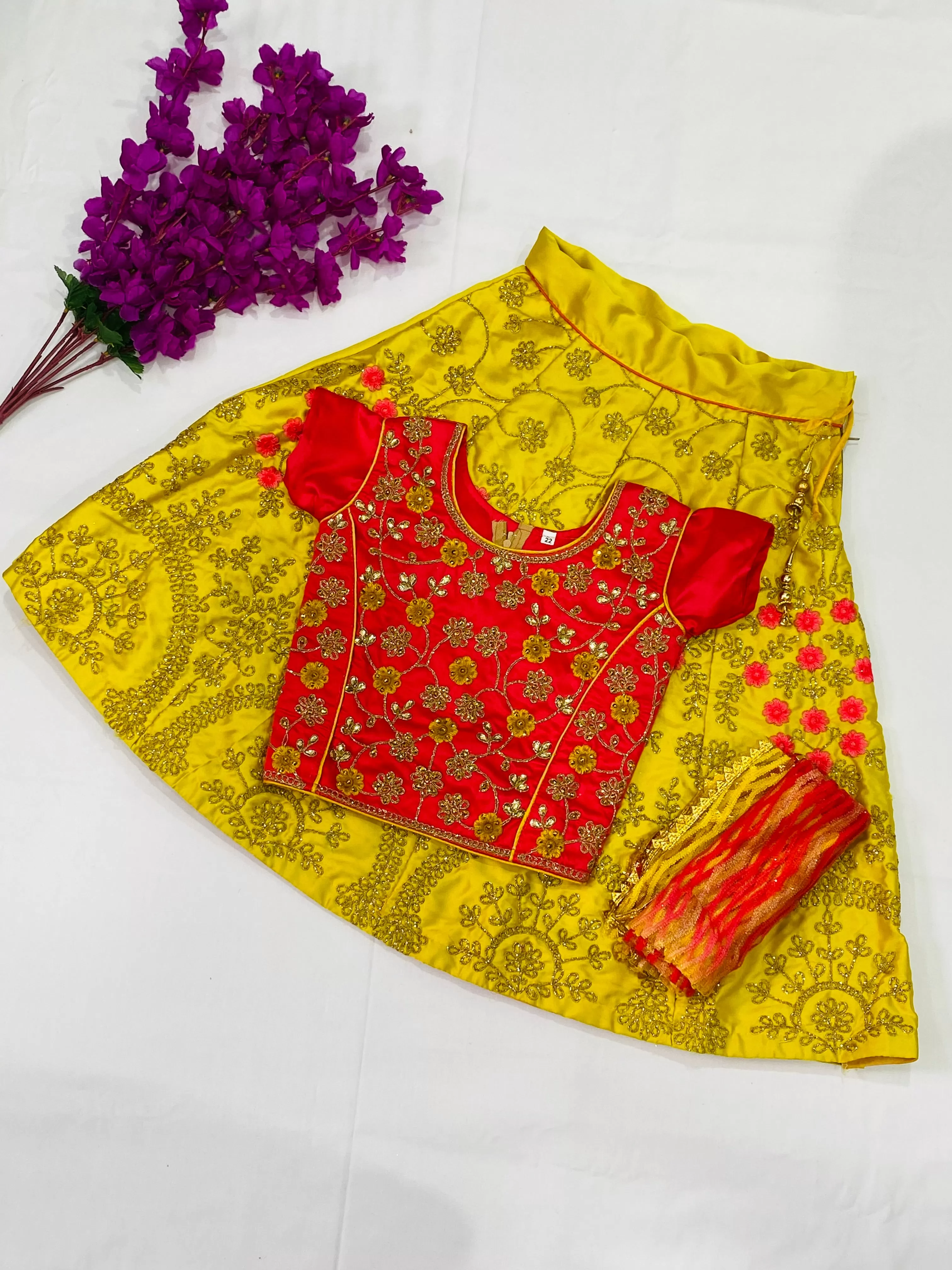 Appealing Yellow Color Satin Silk Designer Lehenga Choli With Embroidery Work For Kids