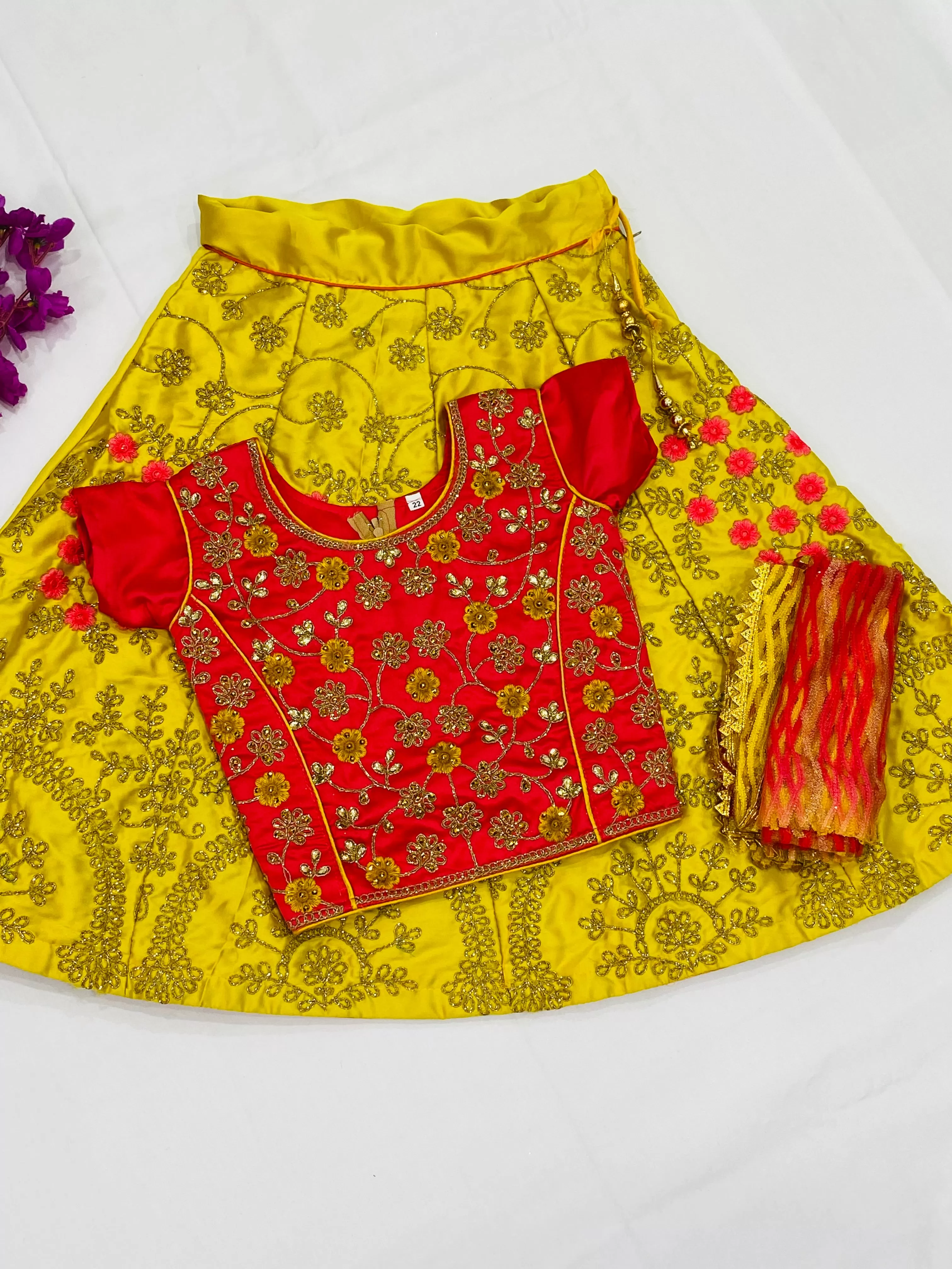 Appealing Yellow Color Satin Silk Designer Lehenga Choli With Embroidery Work For Kids