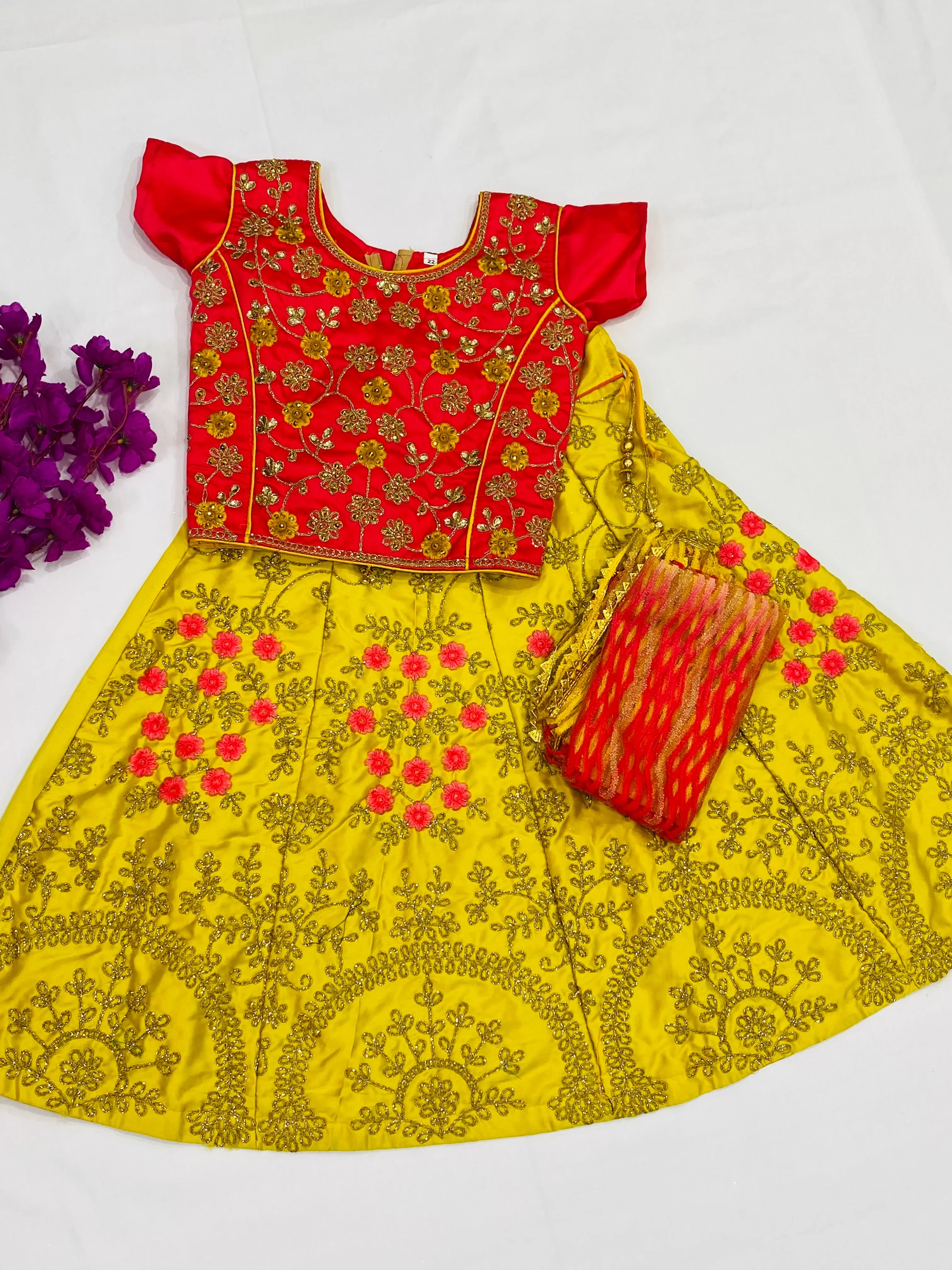 Appealing Yellow Color Satin Silk Designer Lehenga Choli With Embroidery Work For Kids