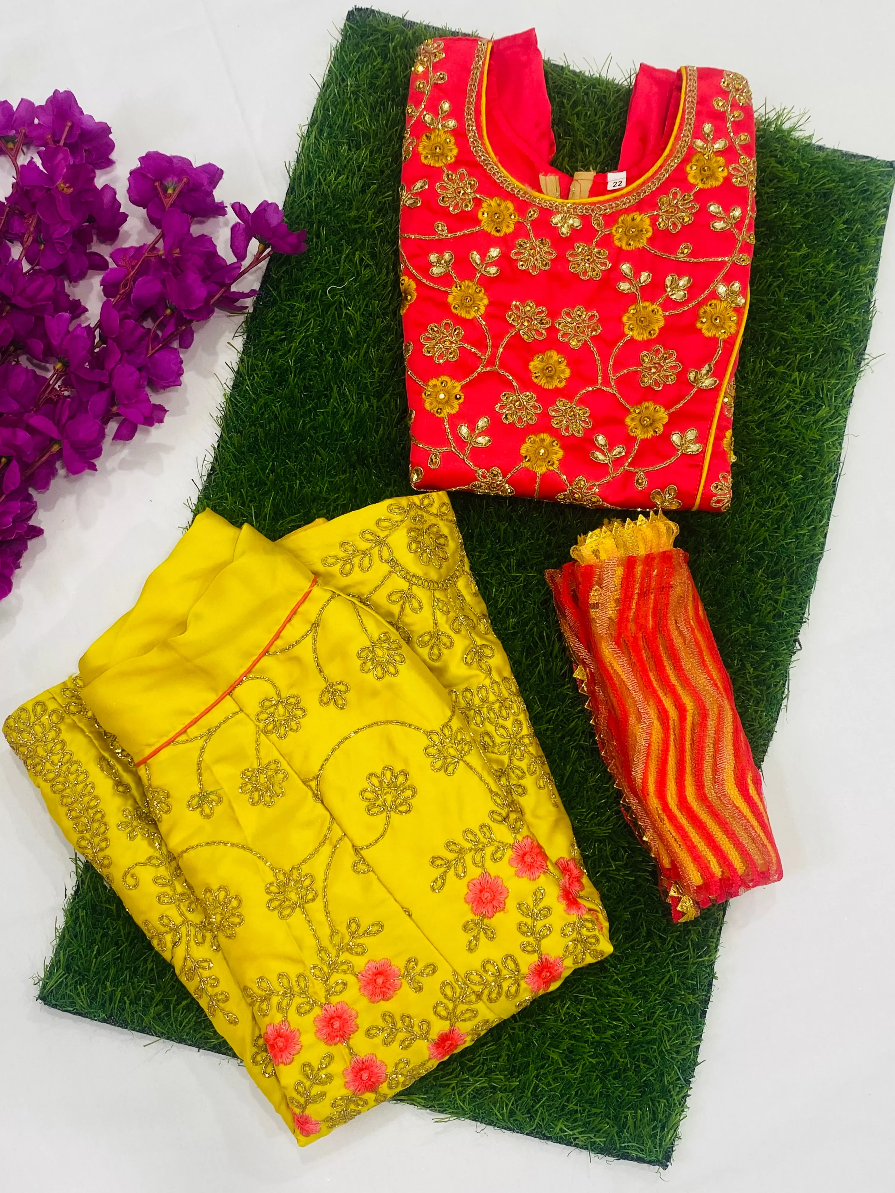 Appealing Yellow Color Satin Silk Designer Lehenga Choli With Embroidery Work For Kids