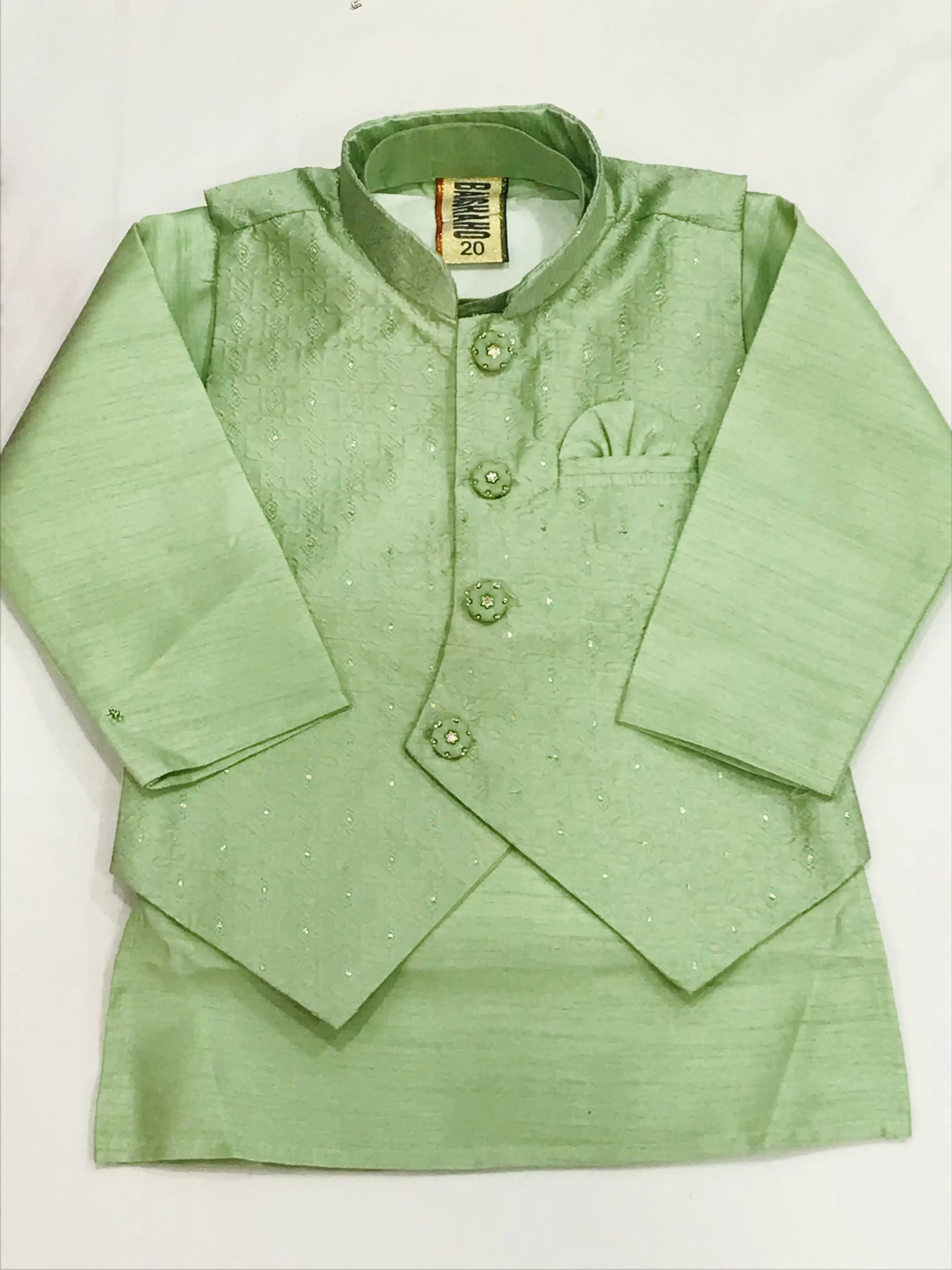 Attractive Pista Green Color Boys Kurta Pajama Set With Pearl Mala