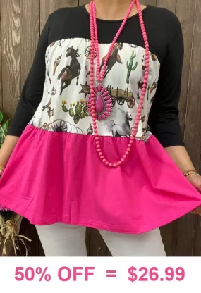 Black, Pink, Western print, color block baby doll top