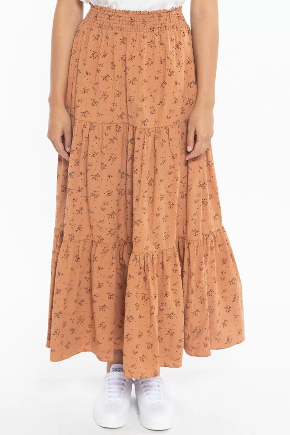 California Rust Spring Ditsy Tiered Midi Skirt