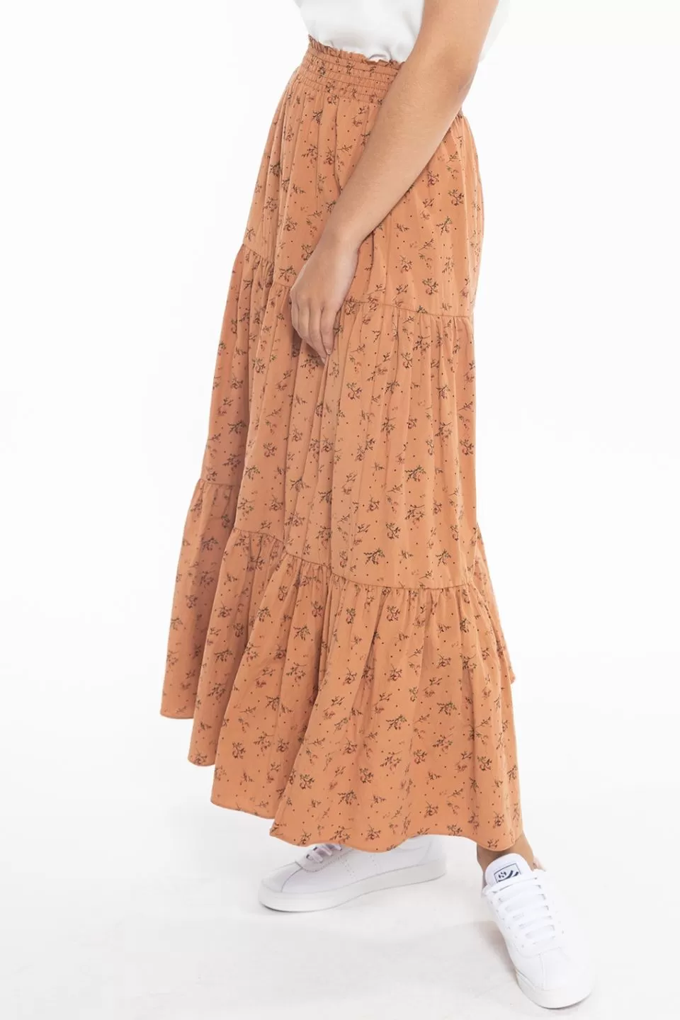 California Rust Spring Ditsy Tiered Midi Skirt