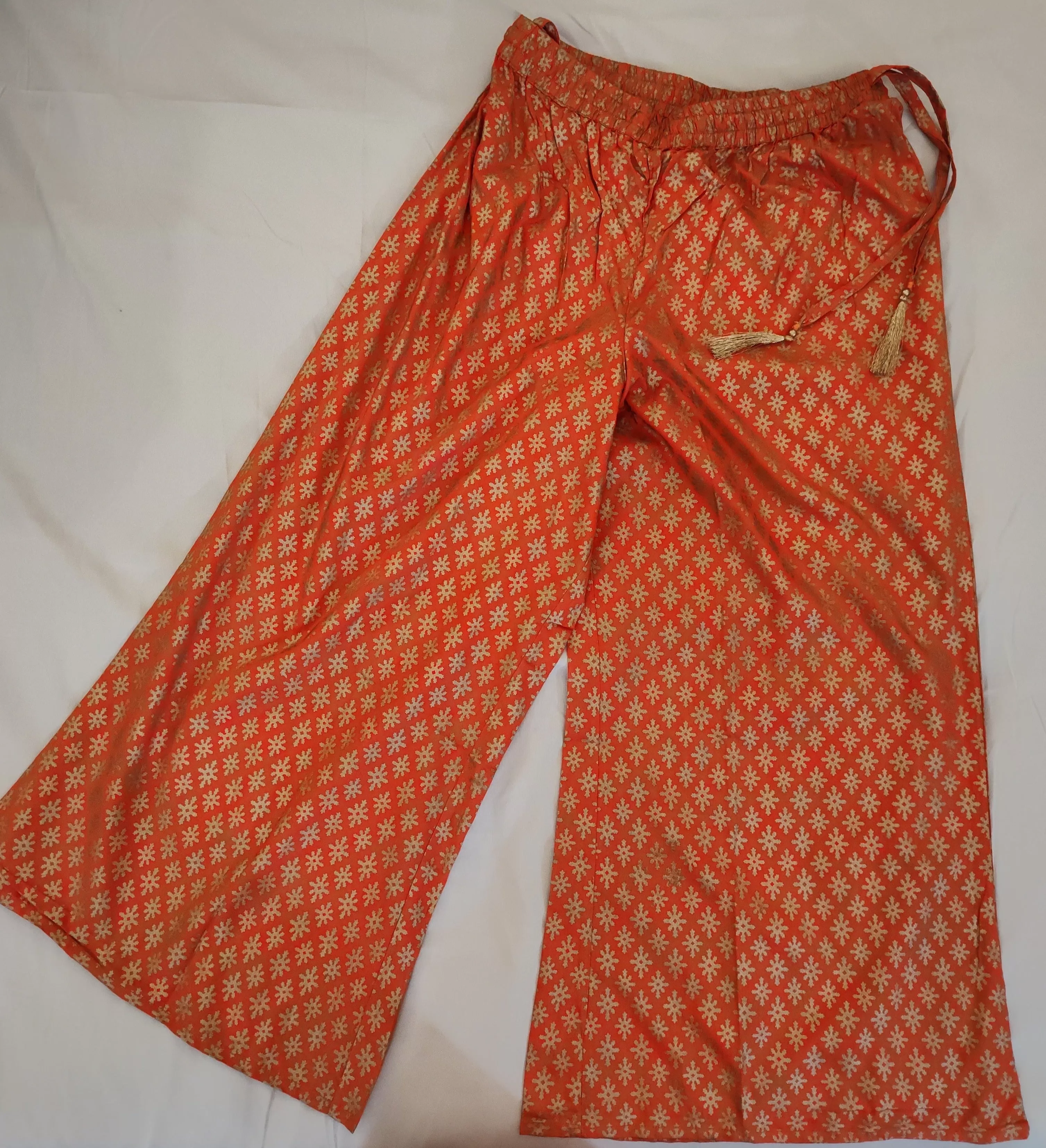 Charming Bright Orange Palazzo With Golden Myka Pattern Print