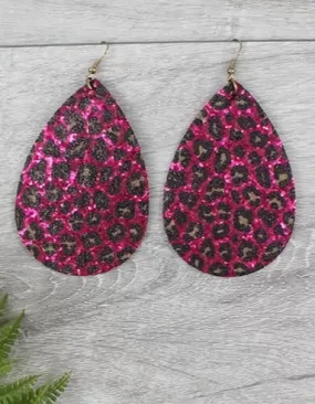 CYBER DEAL! Fuchsia Pink Leopard Glitter Teardrop Earring