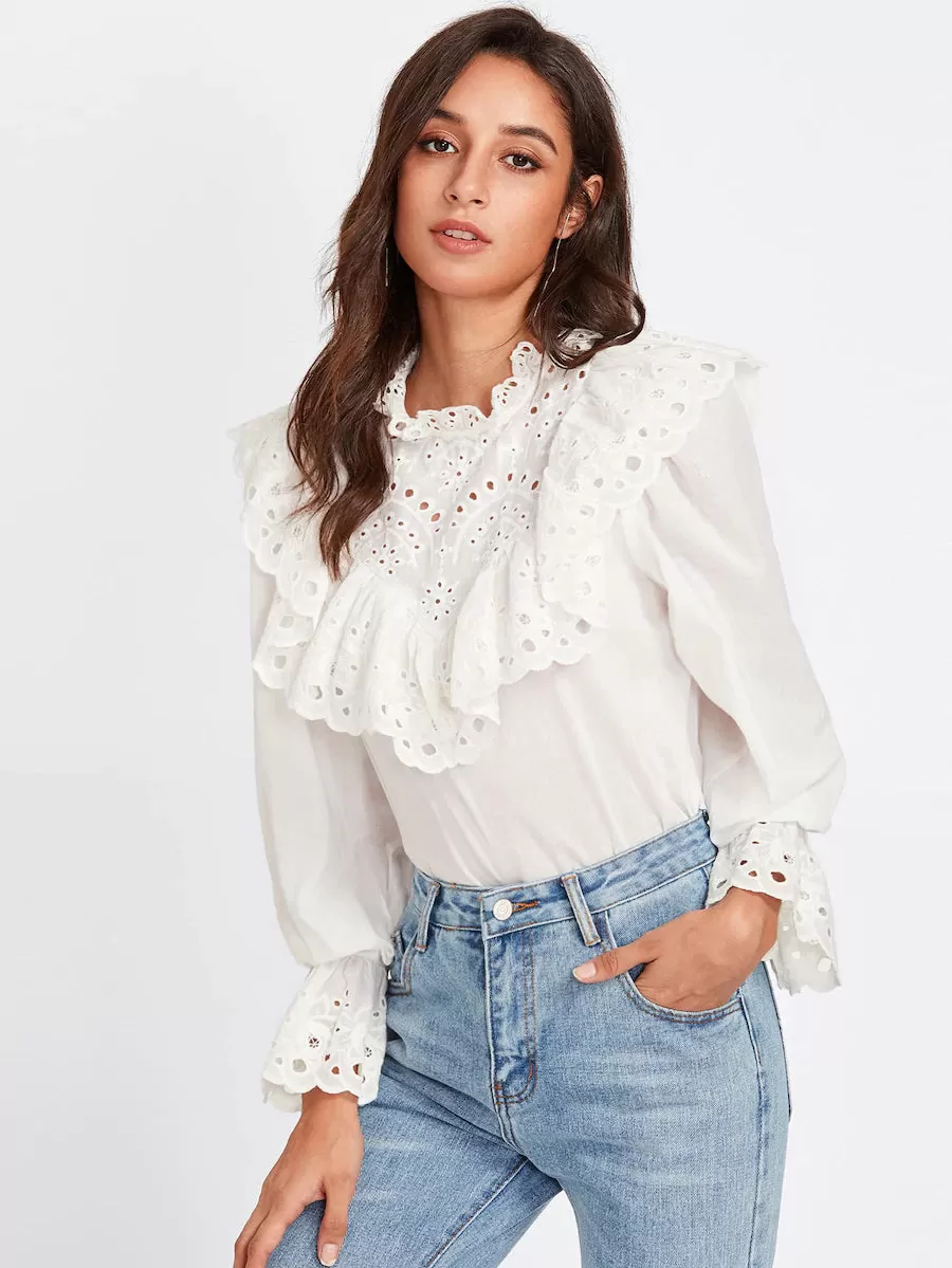 Eyelet Embroidered Ruffle Blouse