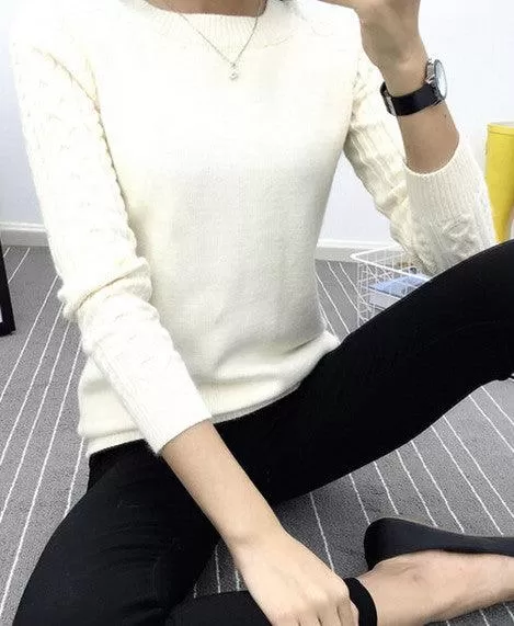 FITTED SWEATER WITH CABLEKNIT SLEEVES