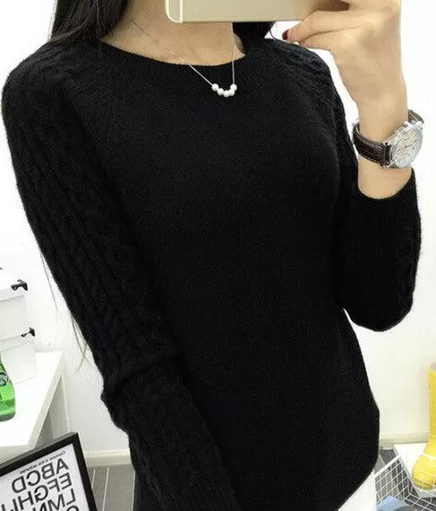 FITTED SWEATER WITH CABLEKNIT SLEEVES