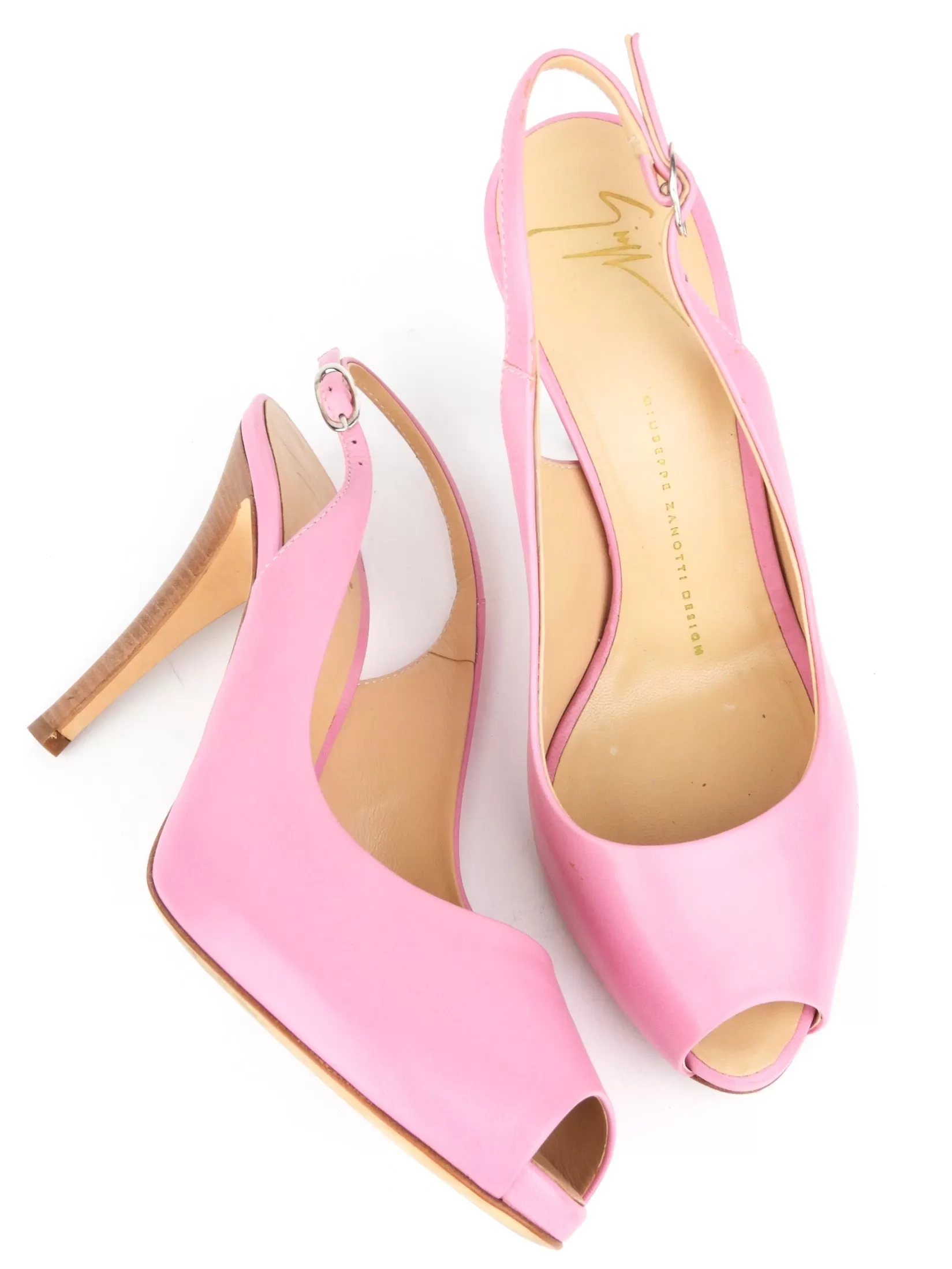 Giuseppe Zanotti Design Pink Goatskin Leather Slingback Peep Toe Plato Sandals - 38.5