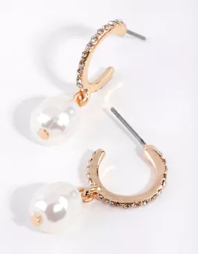 Gold Diamante Pearl Open Hoop Earrings