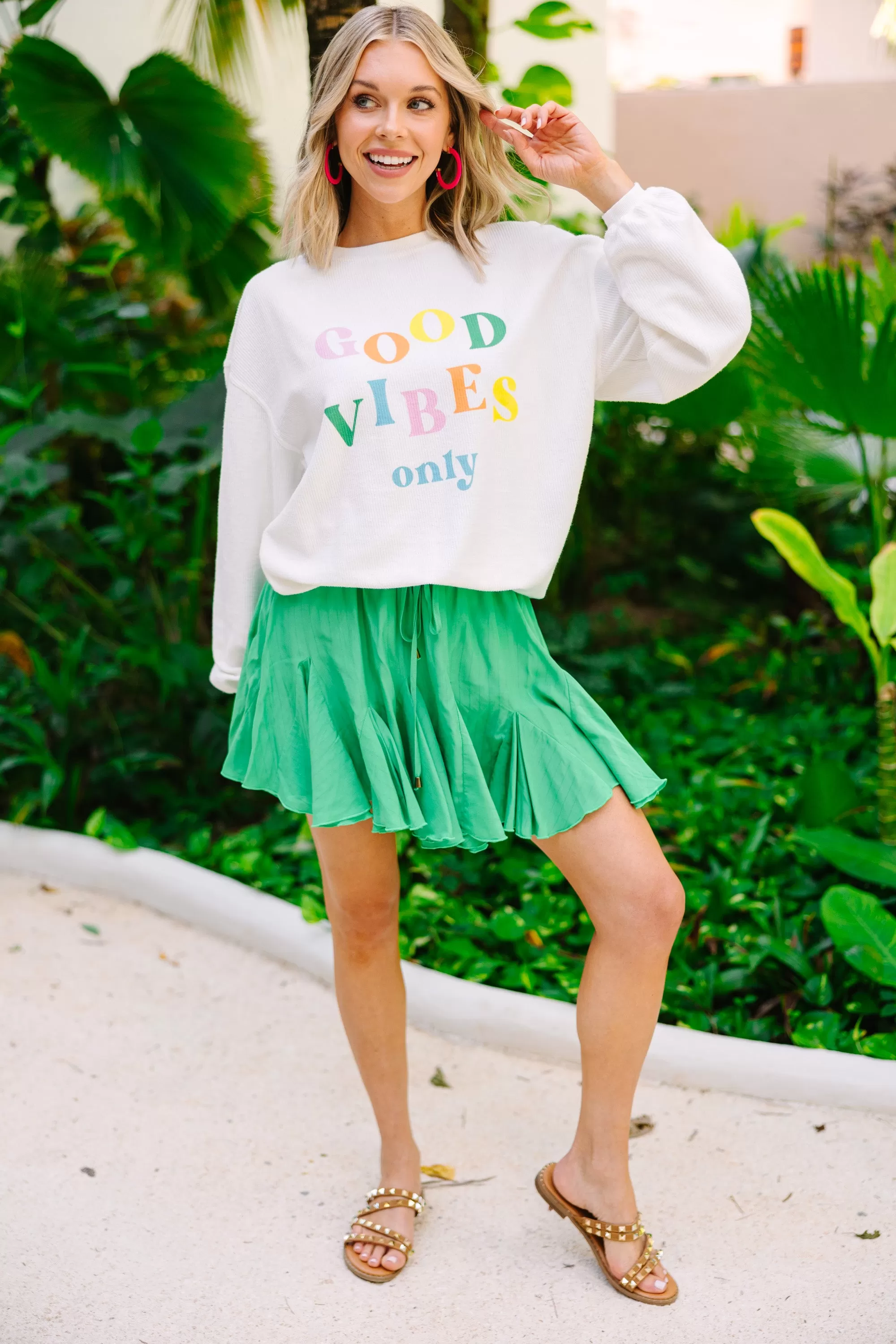 Good Vibes Only White Graphic Corded Sweatshirt