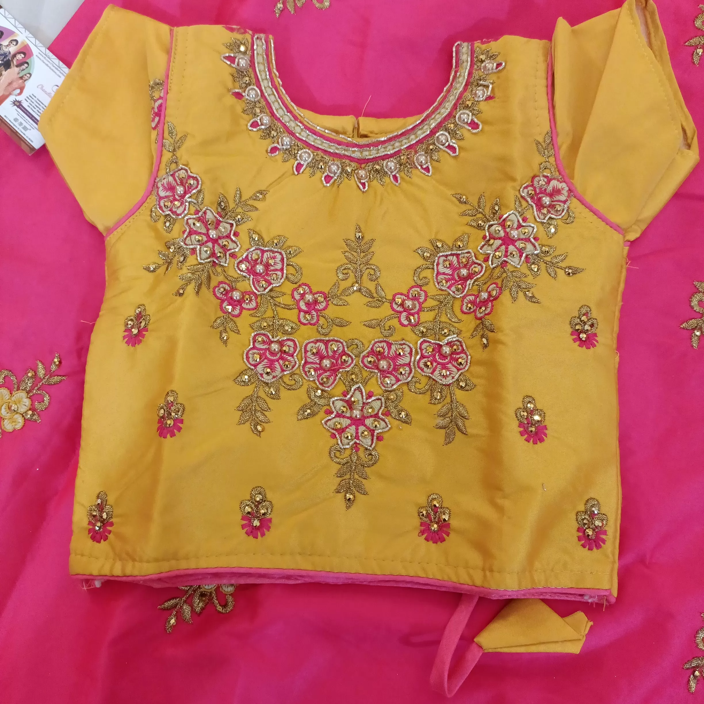 Gorgeous Yellow And Pink Stone Work Choli For Children