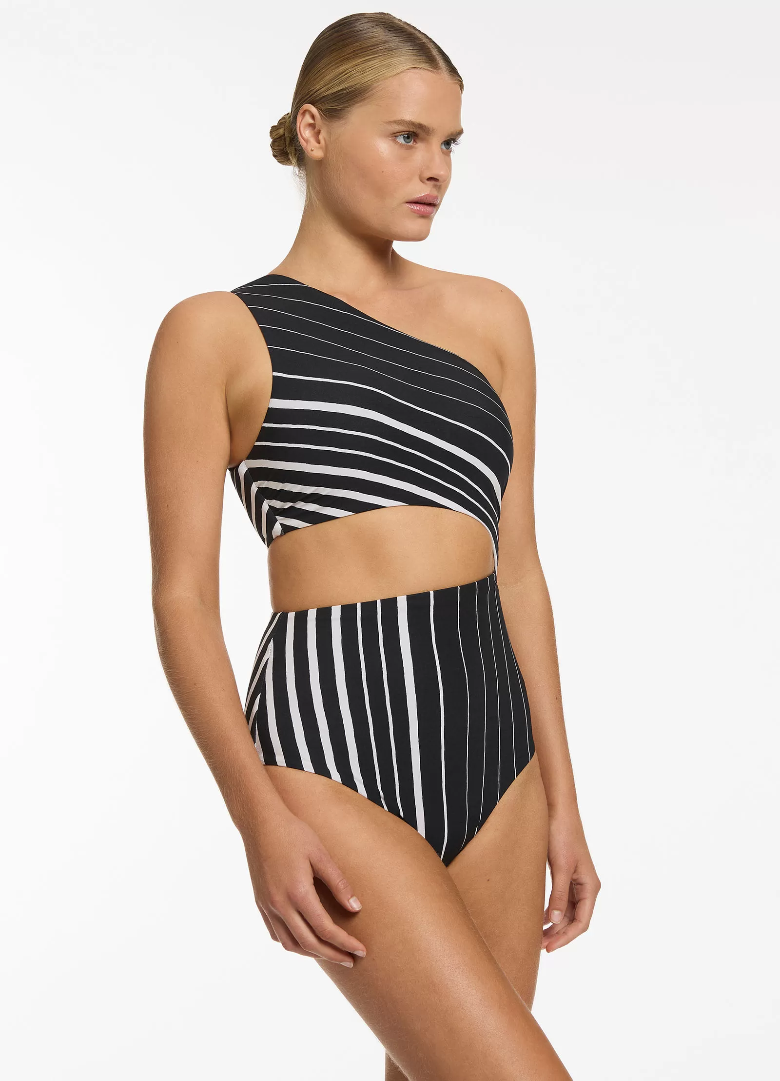 Lunar Stripe One Shoulder Cut Out One Piece - Black/Chalk