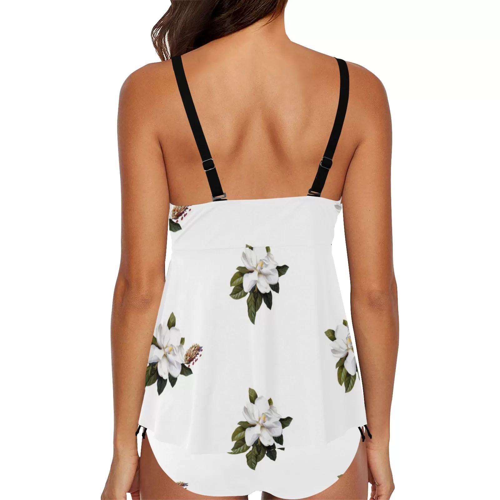 magnolia print on white Chest Drawstring Swim Dress (Model S30)