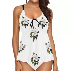 magnolia print on white Chest Drawstring Swim Dress (Model S30)