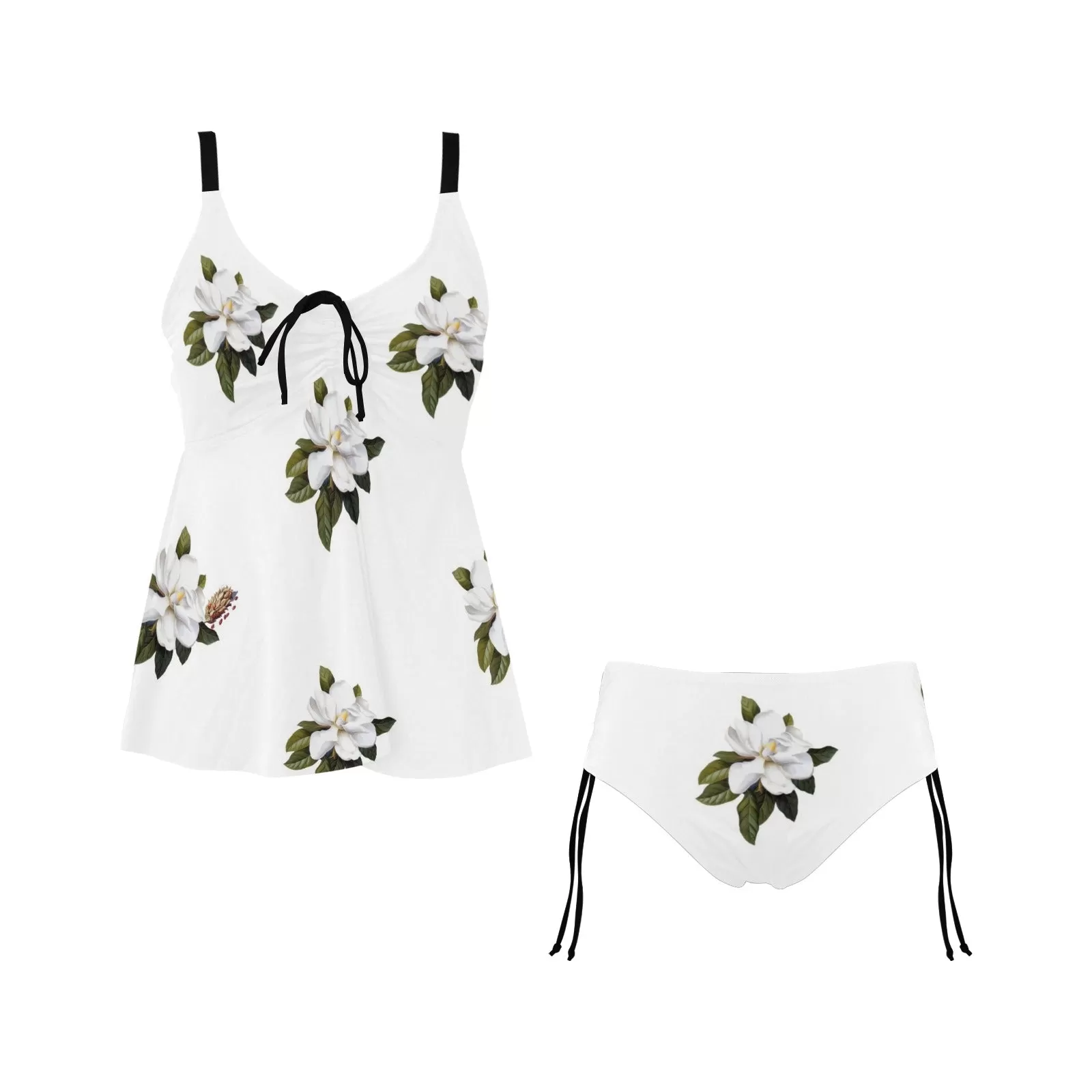 magnolia print on white Chest Drawstring Swim Dress (Model S30)