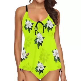 neon magnolia print Chest Drawstring Swim Dress (Model S30)