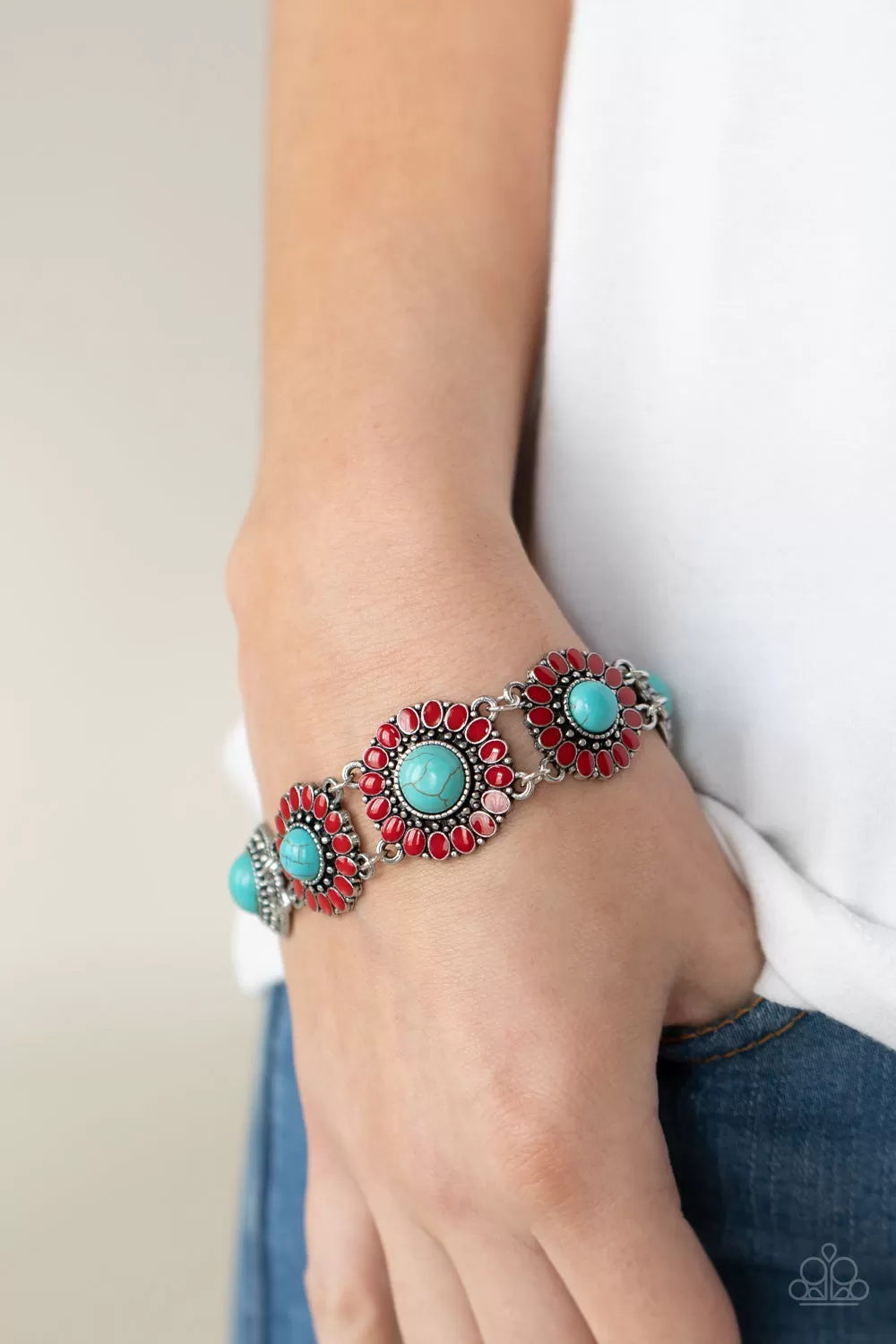 Paparazzi Bodaciously Badlands Red and Turquoise Blue Floral Bracelet