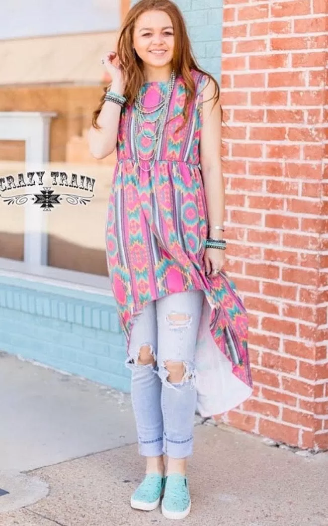 Pink aztec hi low tunic DRESS OR TOP