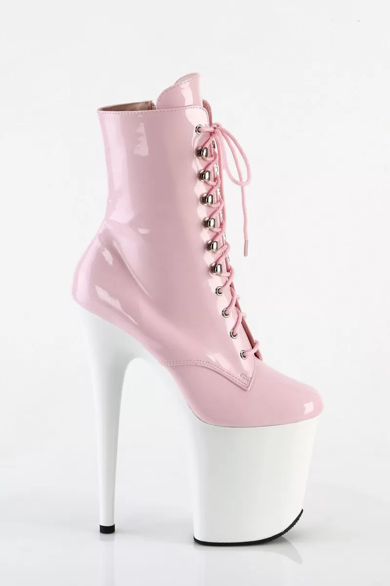 Pleaser USA Flamingo-1020 8inch Pleaser Boots - Patent Baby Pink/White