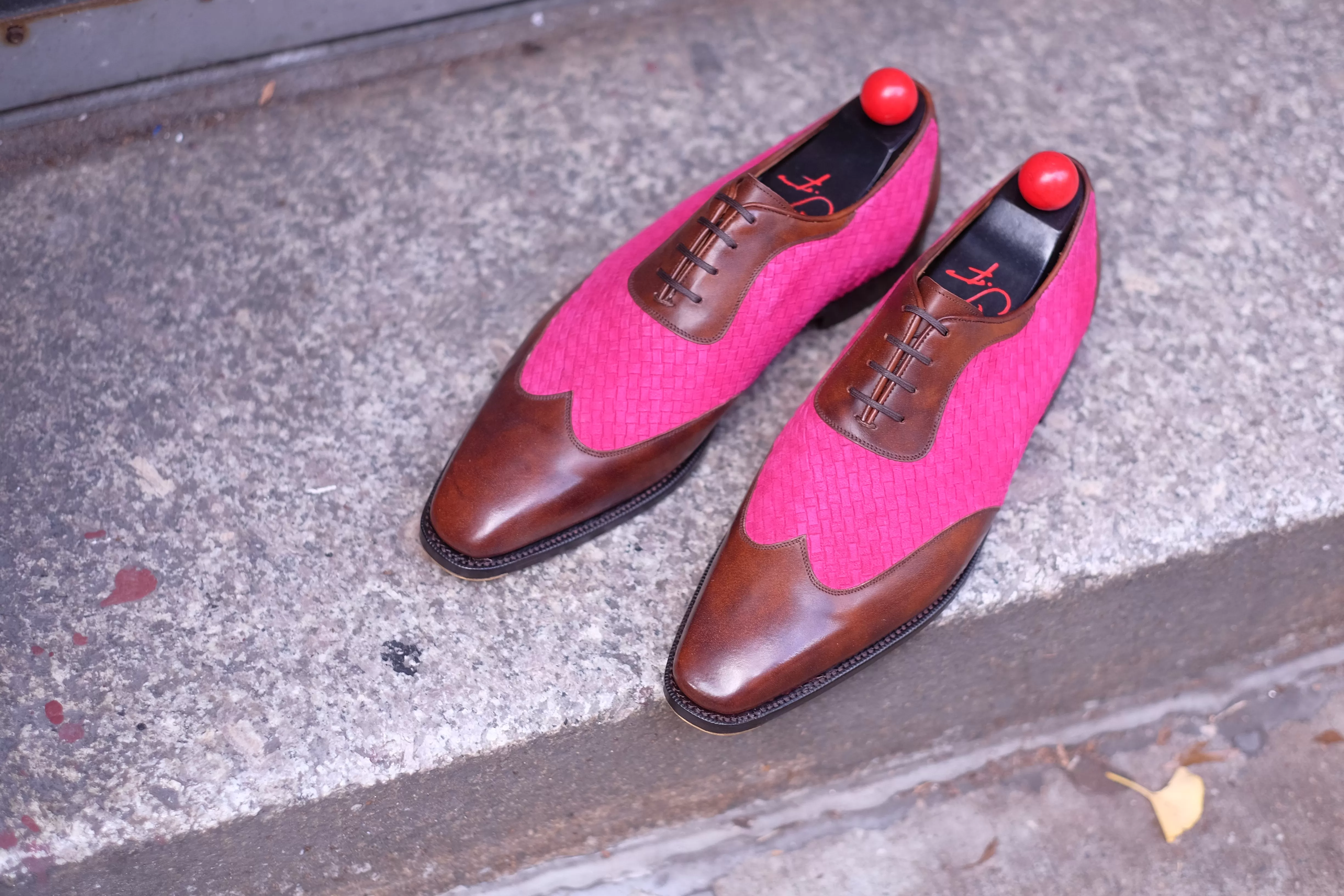 Rainier - MTO - Walnut Museum Calf / Hot Pink Braided Suede - LPB Last - Single Leather Sole