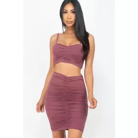 Ruched Crop Top And Skirt Sets