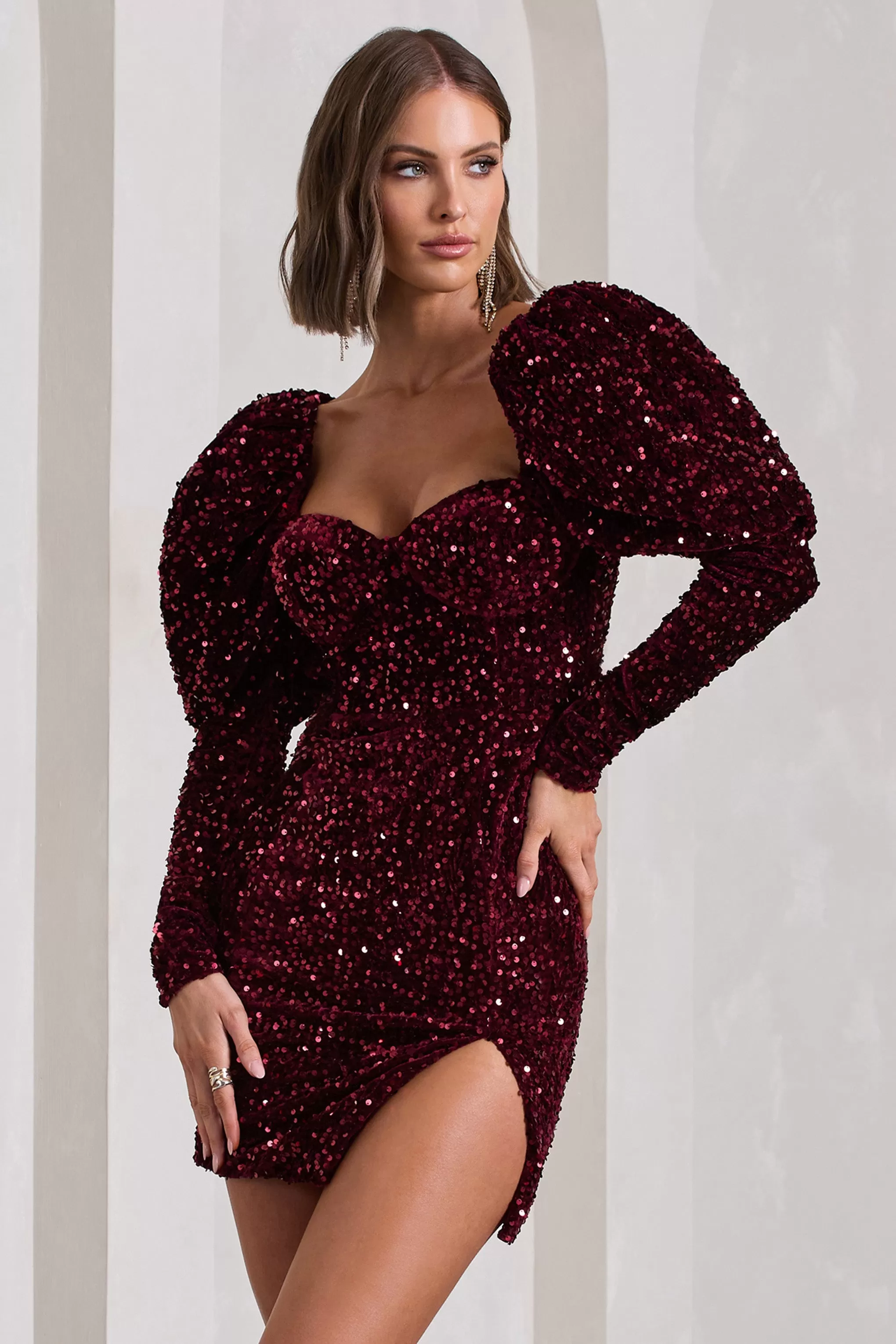 Shine Bright | Berry Sequin Mini Dress With Puff Sleeves