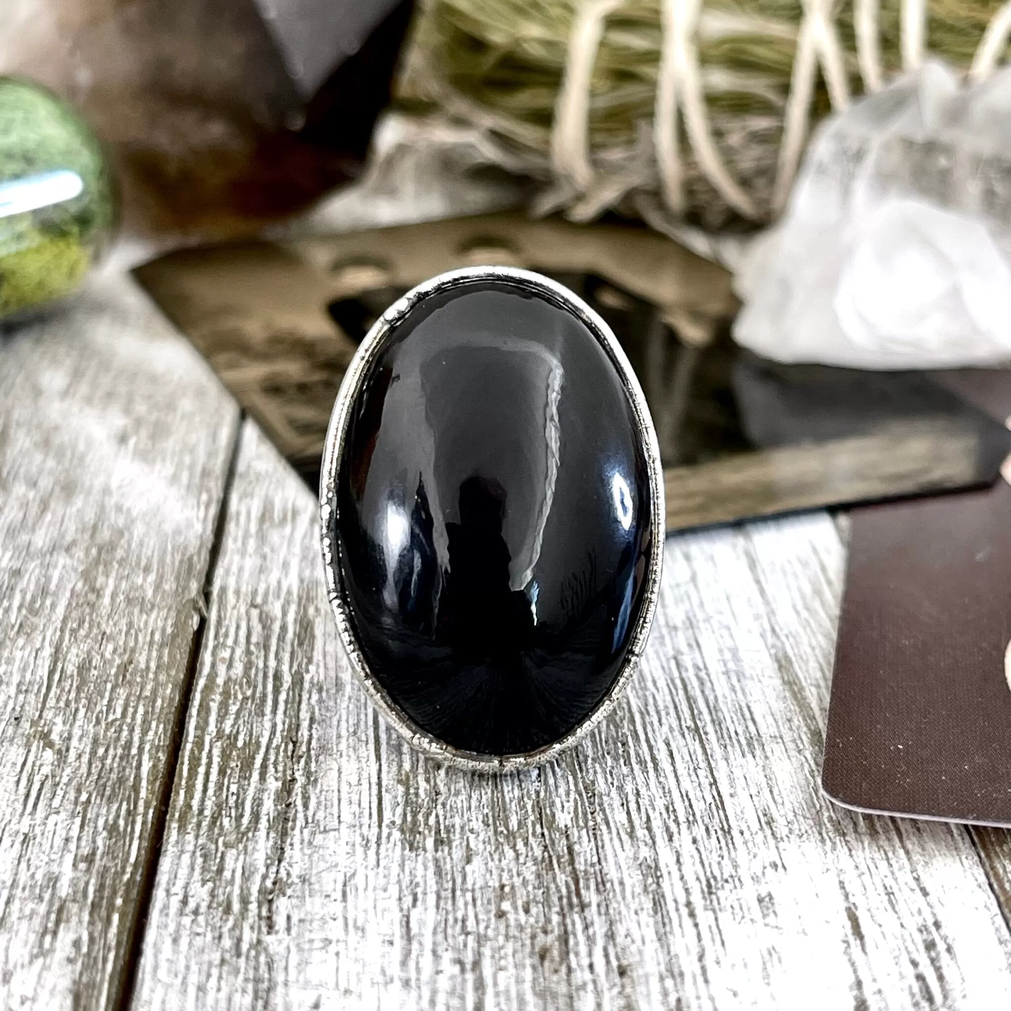 Size 8 Natural Black Rainbow Obsidian Ring in Fine Silver / Foxlark Collection - One of a Kind