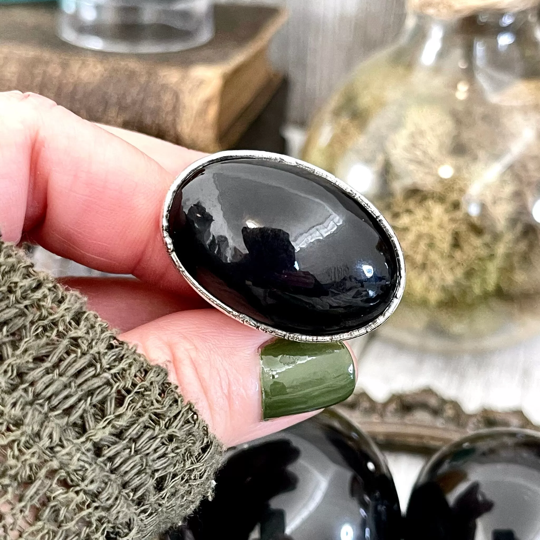 Size 8 Natural Black Rainbow Obsidian Ring in Fine Silver / Foxlark Collection - One of a Kind