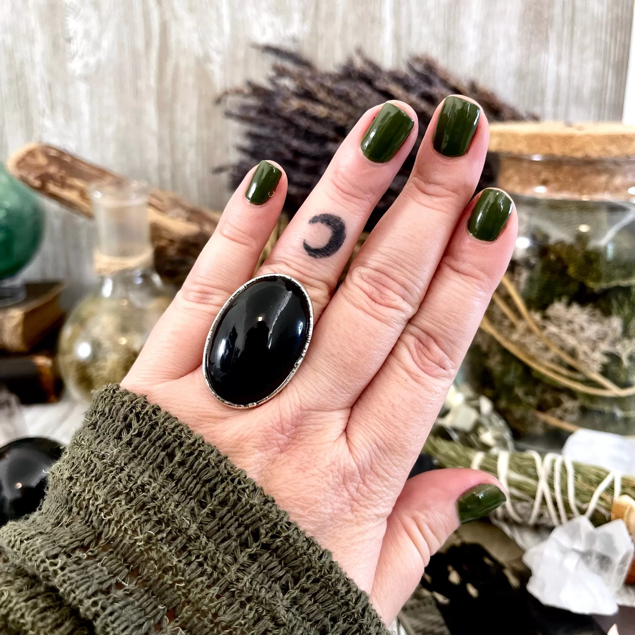 Size 8 Natural Black Rainbow Obsidian Ring in Fine Silver / Foxlark Collection - One of a Kind