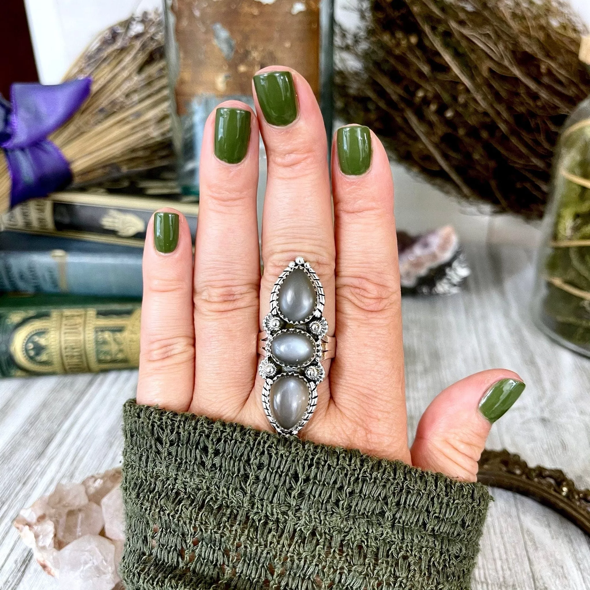 Three Stone Grey Moonstone Ring in Solid Sterling Silver- Designed by FOXLARK Collection Size 5 6 7 8 9 10 11 / Gothic Jewelry