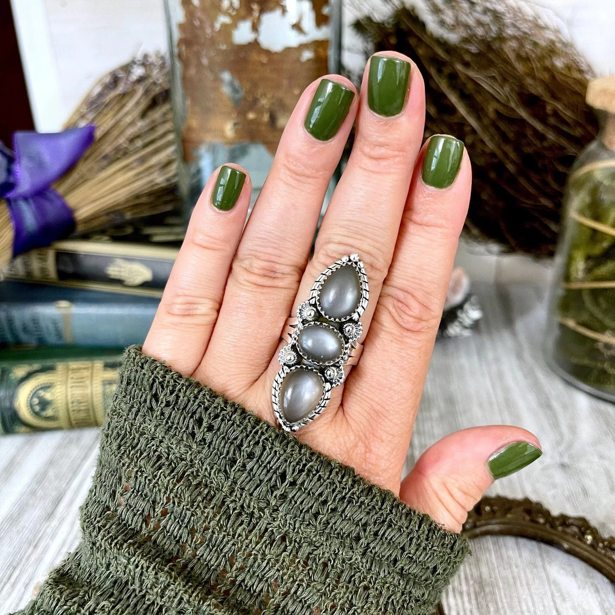 Three Stone Grey Moonstone Ring in Solid Sterling Silver- Designed by FOXLARK Collection Size 5 6 7 8 9 10 11 / Gothic Jewelry