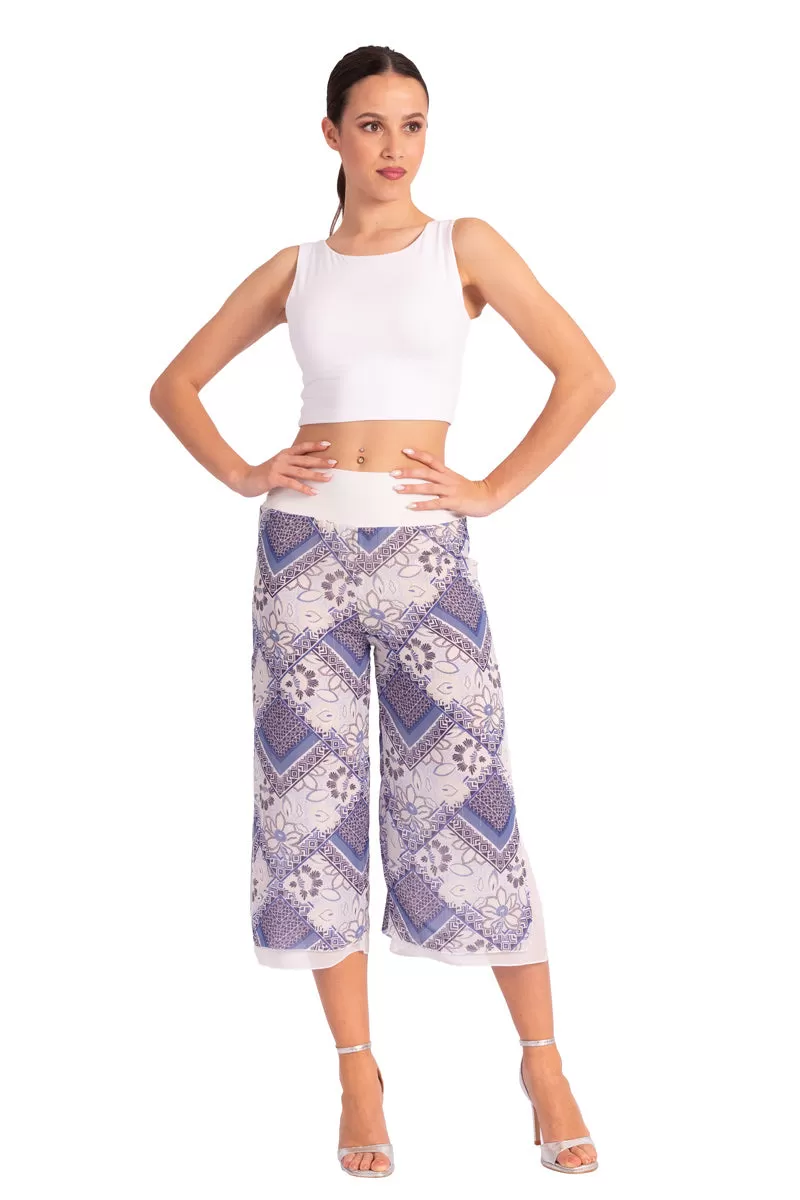 Two-layer Blue Mixed Print Georgette Cropped Culottes With Slits