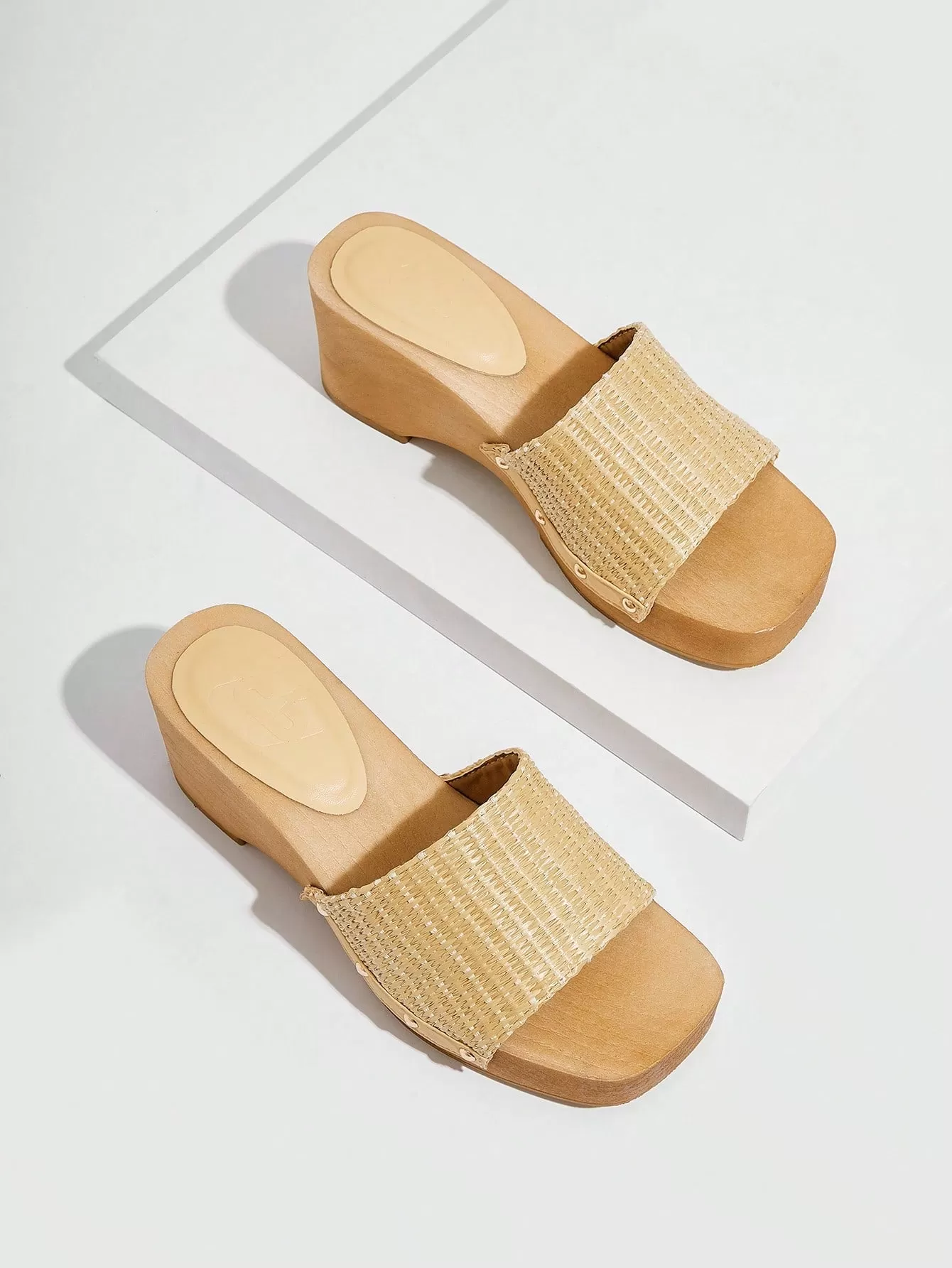 Vacation Wedge Slide Sandals For Women, Studded Decor Braided Detail Straw Sandals