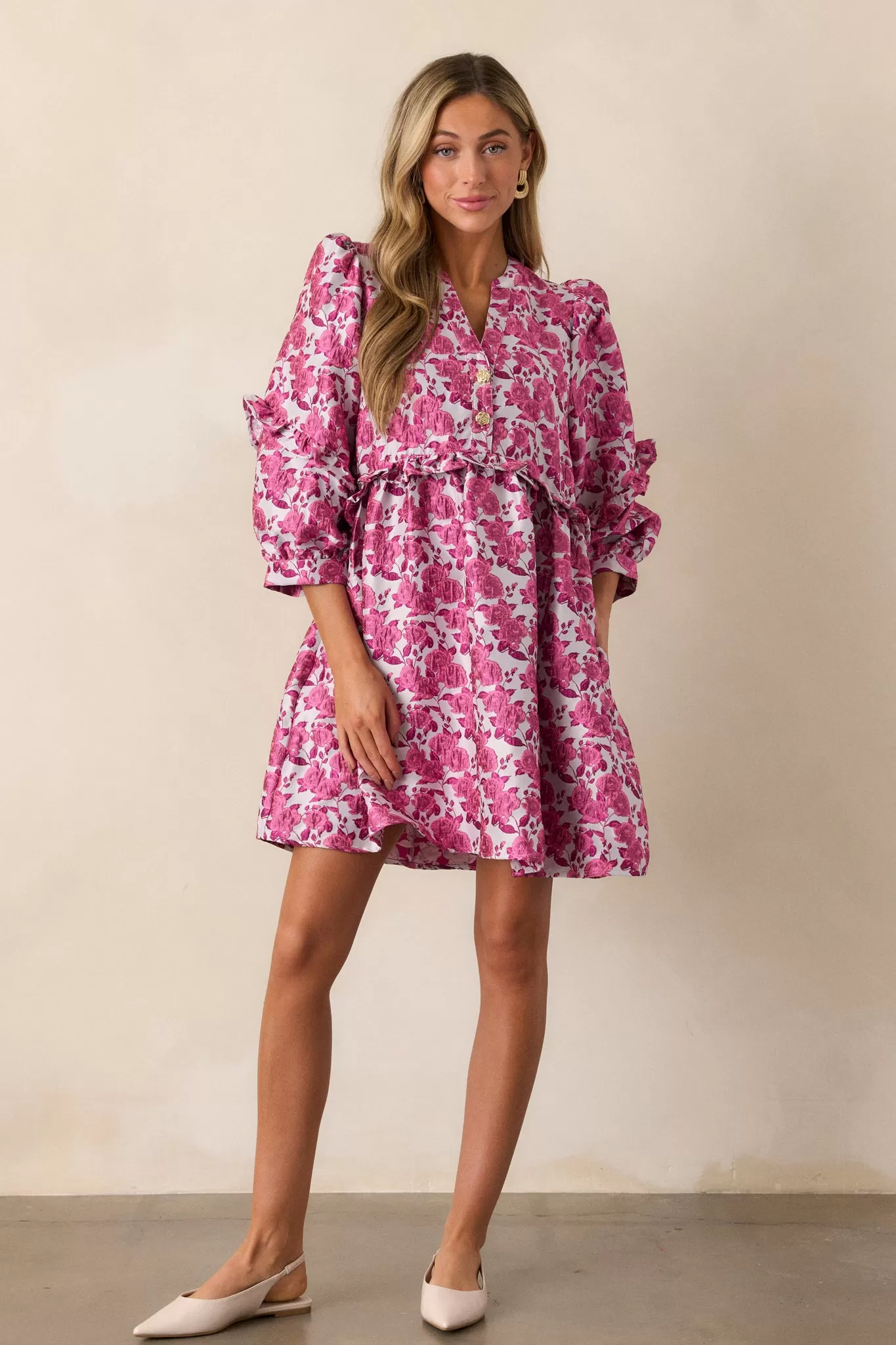 Waves of Roses Pink Floral Puff Sleeve Mini Dress