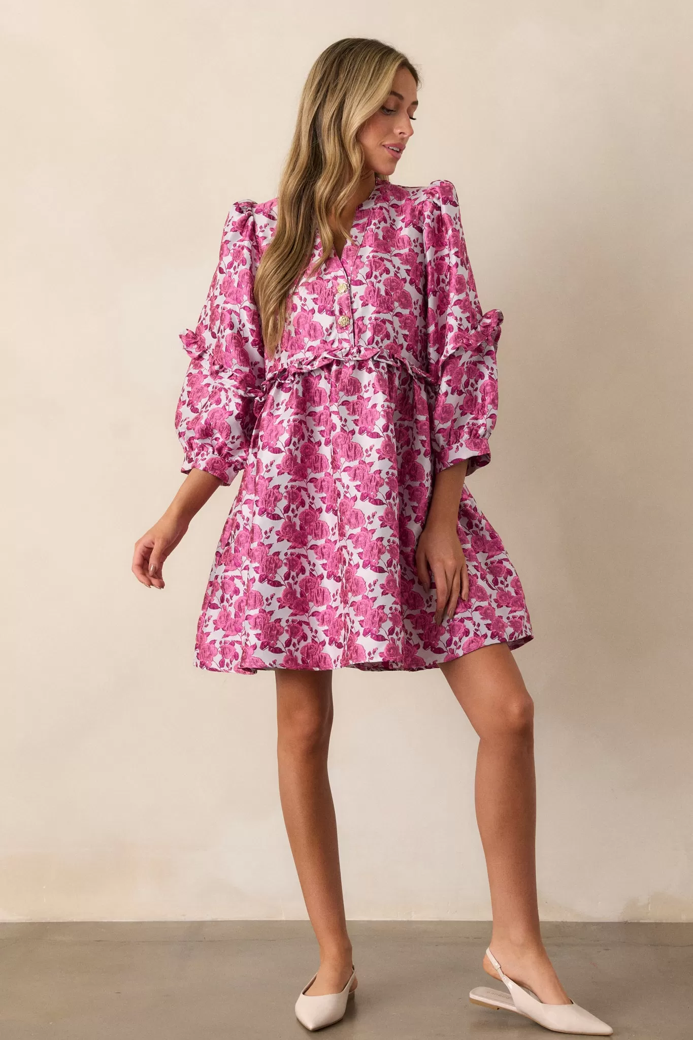 Waves of Roses Pink Floral Puff Sleeve Mini Dress