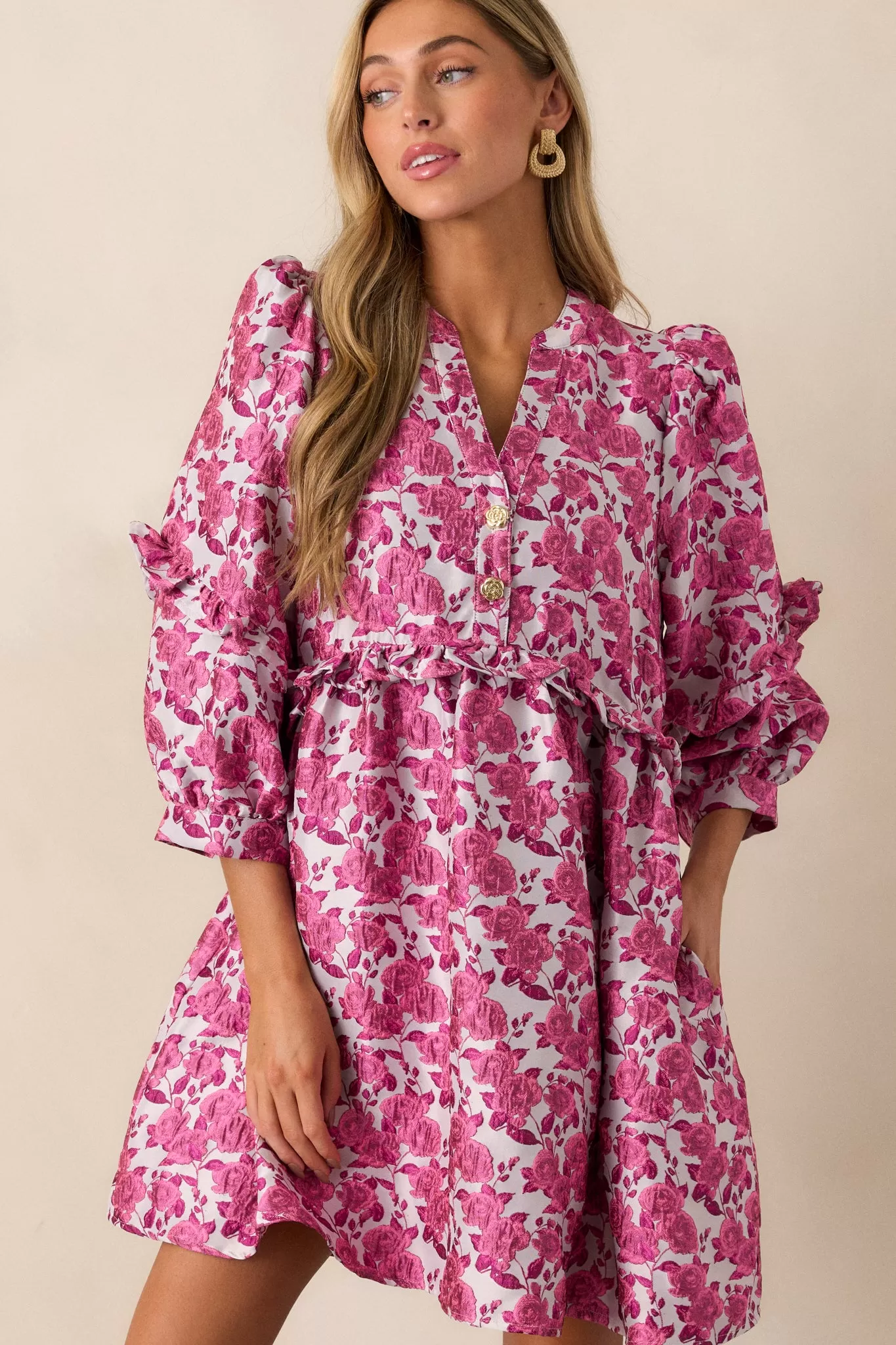 Waves of Roses Pink Floral Puff Sleeve Mini Dress