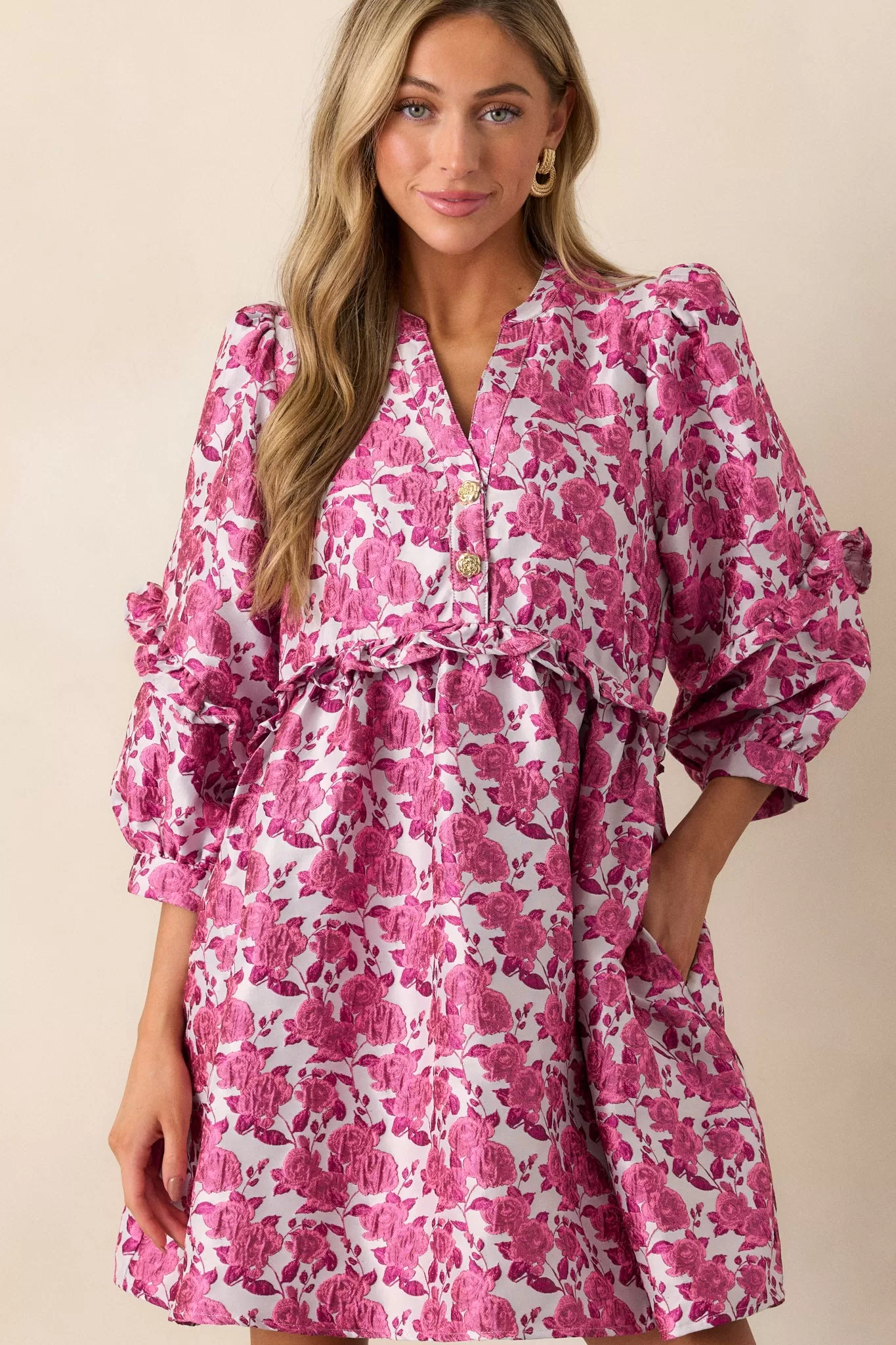 Waves of Roses Pink Floral Puff Sleeve Mini Dress