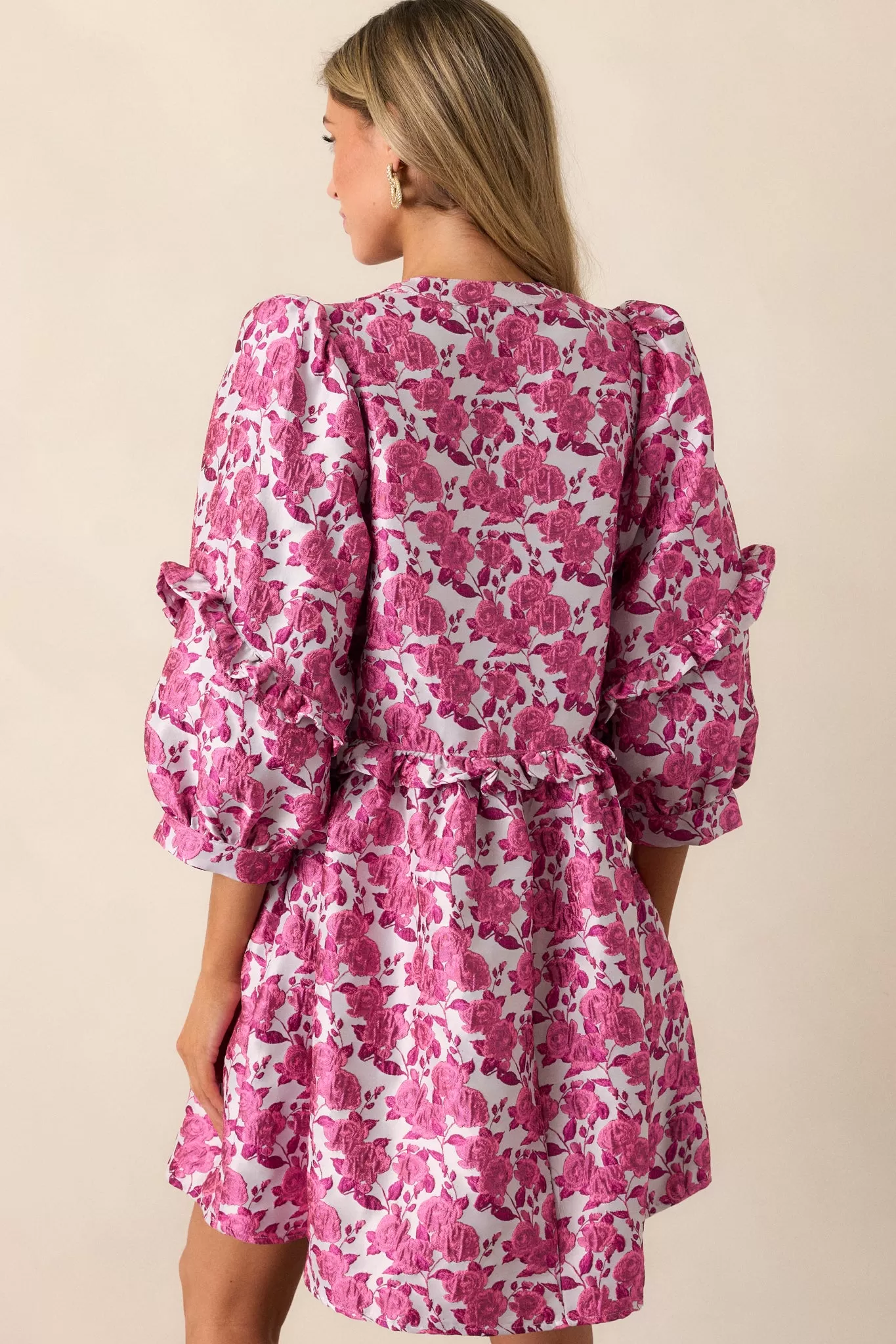 Waves of Roses Pink Floral Puff Sleeve Mini Dress