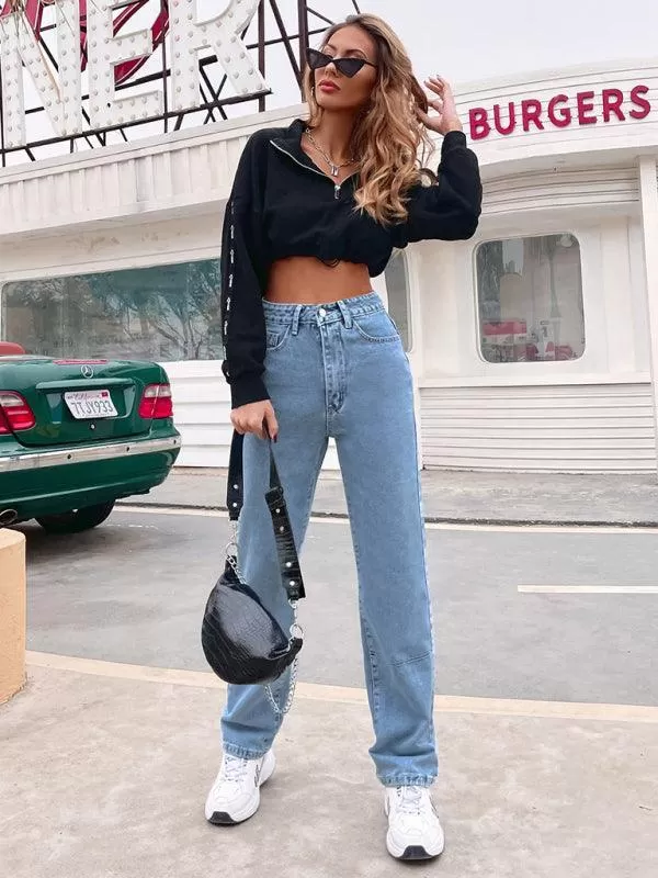 Women Denim Jeans - High Waist Straight-leg