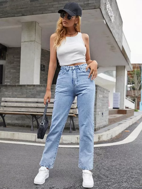 Women Denim Jeans - High Waist Straight-leg