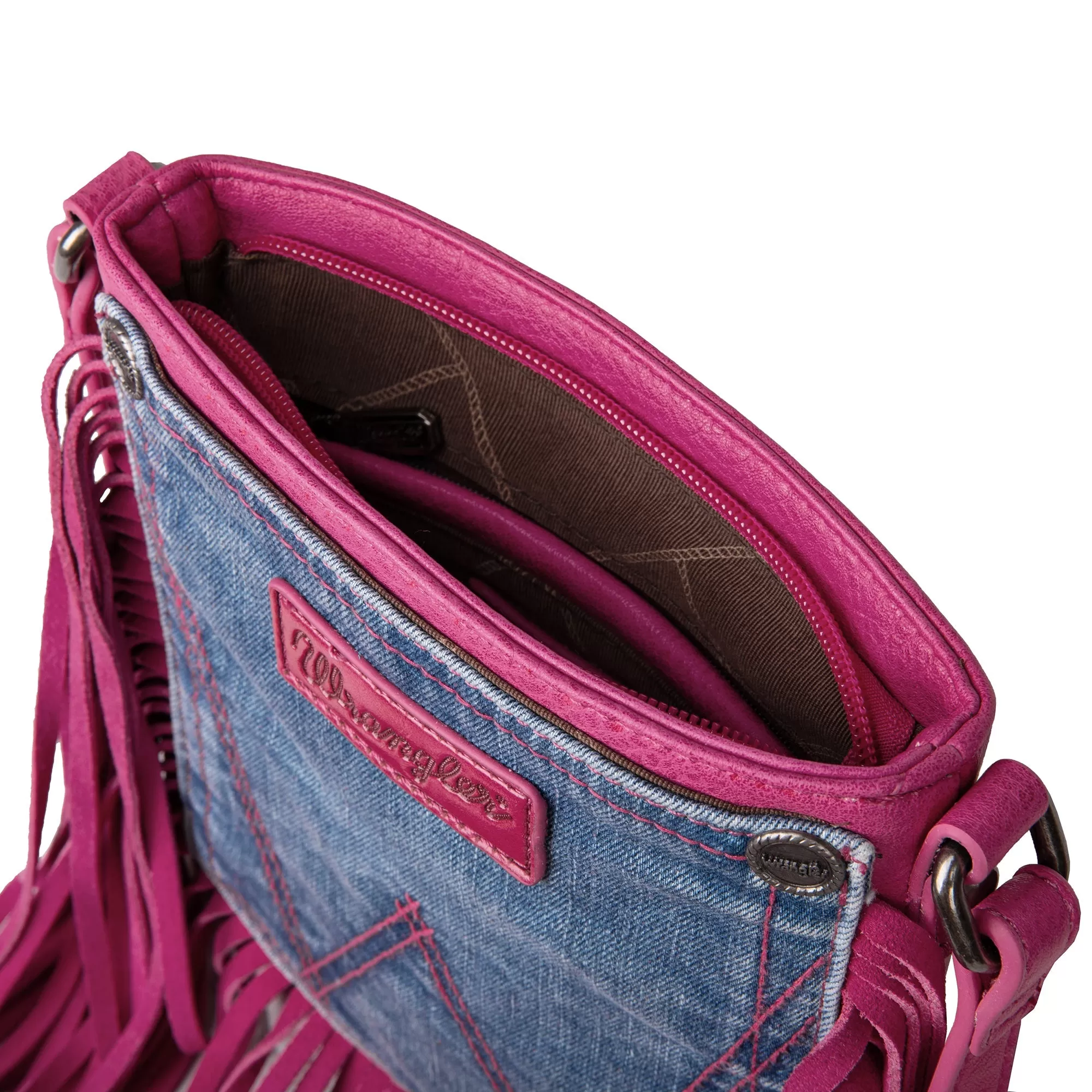 Wrangler Leather Fringe Jean Denim Pocket Crossbody - Hot Pink